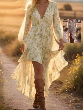 Boho Floral Cream High-Low V-Neck Dress